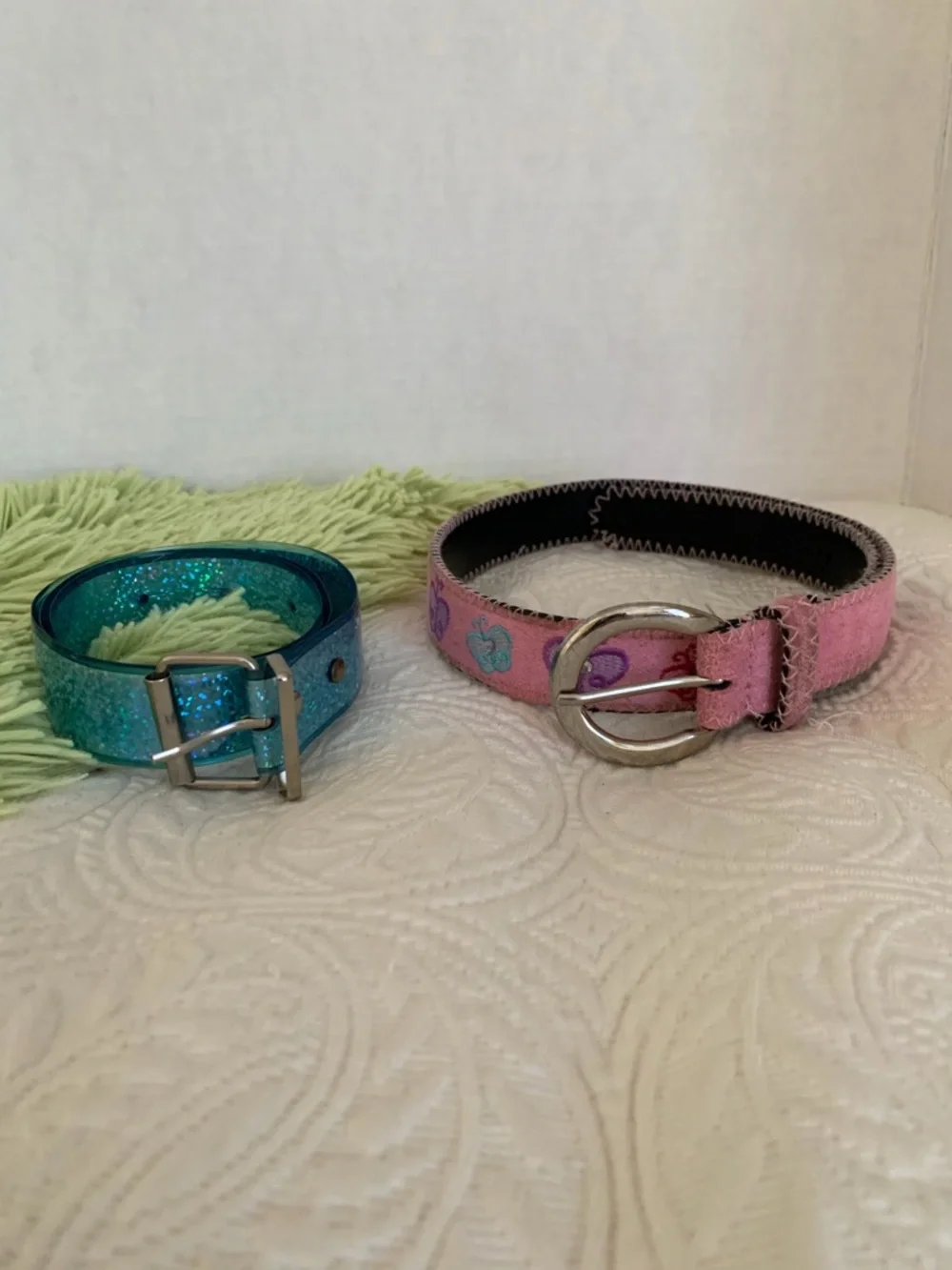 Belt Lot Girls Size 6 Pink Butterfly & Sparkly Blue 2 PCS Velvet Rubber Buckle